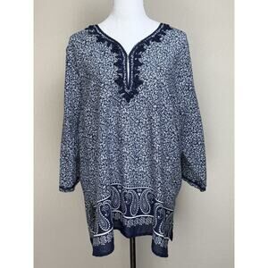 Anne Carson Women’s Tunic Blouse Navy White Floral V Neck 3/4 Sleeve Plus Sz 2X